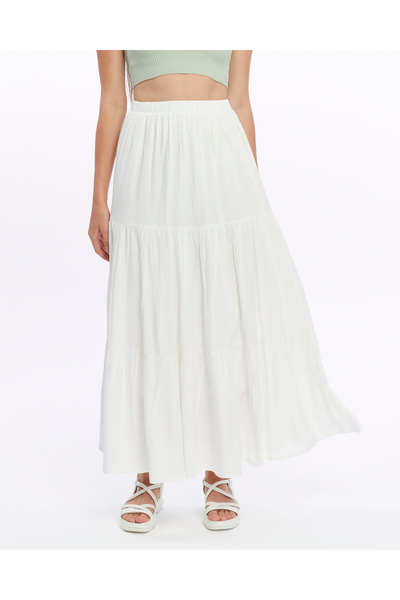 BNZ TEKSTİL White Long Skirt - Lining Inside, Viscose Fabric, Three Layers of Ruffles, Gypsy Style