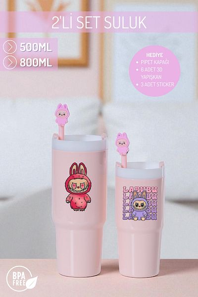 Nandy Home Labubu Themed Set of 2 Colorful Water Bottles, 500ml. And 800ml. - Pipette Cover, 3D Sticky and Label Gift