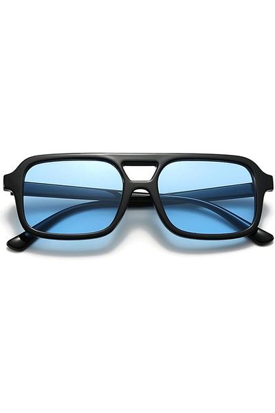 Generic Retro Square Aviation Sunglasses – Black Frame with Blue Lenses – UV400 – Unisex