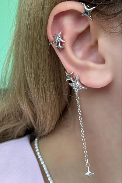 skycott sağ tam kulak Gümüş Renk kanca kıkırdak Yıldızı Figürlü Taşlı Kulak Aksesuarı (Tek)