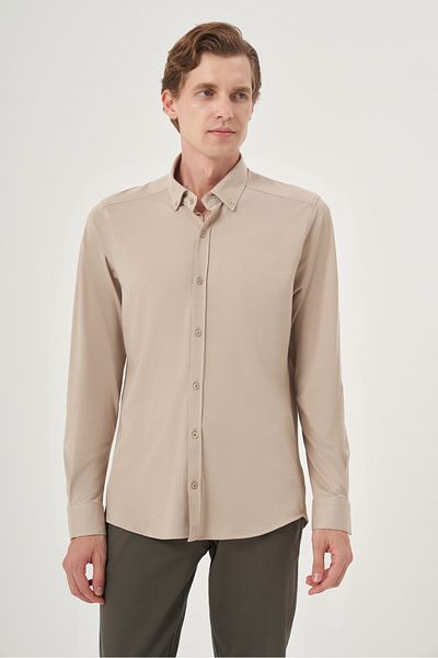 Morven Men's Beige Knitted Slim Fit Button Collar Shirt