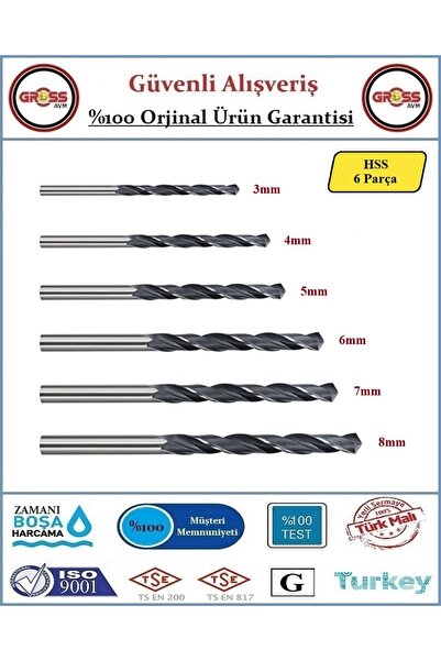 HSS Metal ve Ahşap Delici Matkap Ucu - 6 Adet - 3,4,5,6,7,8mm