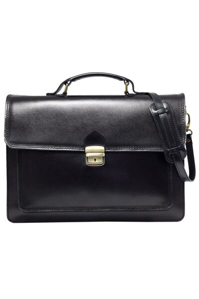 Suveran Servietă cu 3 compartimente, business, din piele naturală, neagră, cu...