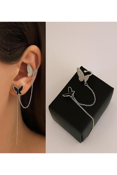 skycott أقراط أذن بتفاصيل سلسلة الفراشة - لون ذهبي وفضي