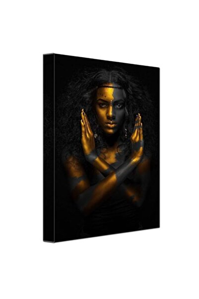 Generic لوحة فنية جدارية لامرأة أفريقية باللونين الأسود والذهبي، لوحة فنية جد...