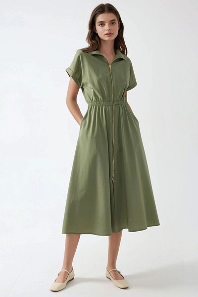 Hiccup Midi Shirt Collar Zipper Dress