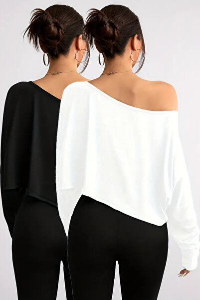 Tarz Cool Beyaz - Siyah 2li Kadın Düşük Omuz Kayık Yaka Oversize Uzun Kollu Crop T-Shirt