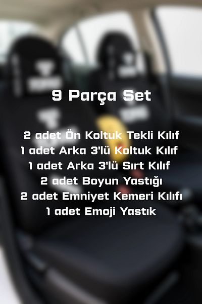 TKY Tasarımı Kendin Yap Tofaş 9 Piece Auto Seat Cover Set (Front + Rear Set, 2 Neck Pillows, 2 Belt Covers, Emoji Pillow)
