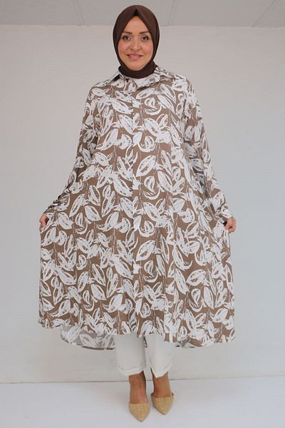 Eslina 58086 Large Size Patterned Viscose Mevlana Shirt - Leaf Patterned Brown