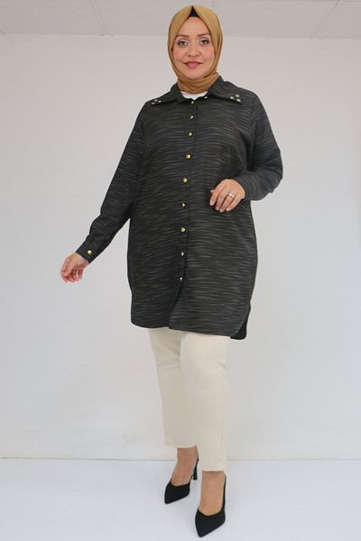 Eslina 58094 large size buttoned collar detailed tunic - black striped