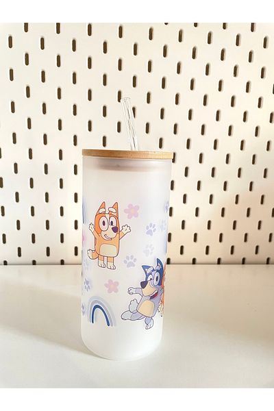 By Selen Suyolcu Bluey Printed Frosted Bamboo Lid Glass Cup with Straw