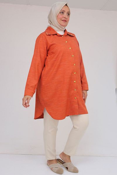 Eslina 58094 large size buttoned collar detailed tunic - brick red marled
