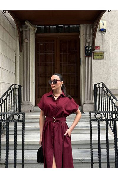 AlisaSu Short Sleeve Poplin Fabric Belted Shirt Dress