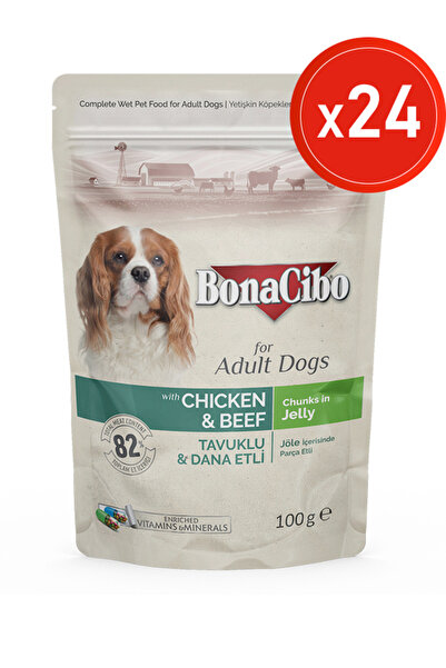 BonaCibo Jöleli Tavuklu Dana Etli Pouch Yaş Köpek Maması, 100 Gr x 24 Adet, T...