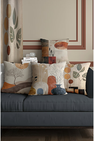 ALAMODECOR Tile-White Nordic Vase Patterned Double-Sided Digital Printed Set of 4 Throw Pillow Covers