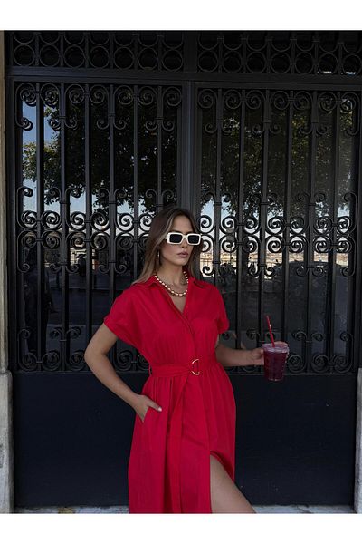 AlisaSu Short Sleeve Poplin Fabric Belted Shirt Dress