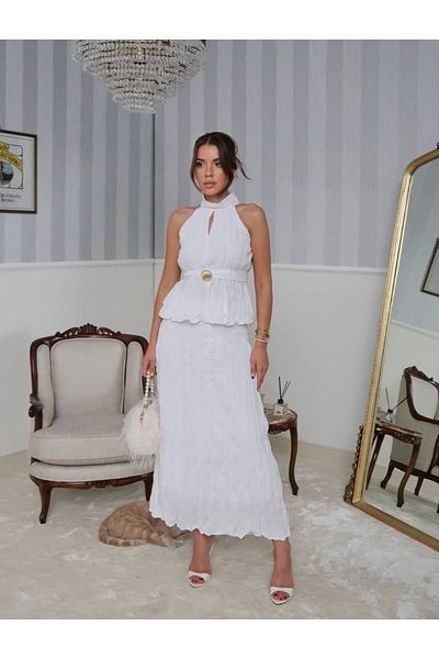 Afiş Butik White Halter Neckline Gold Detailed Blouse Skirt