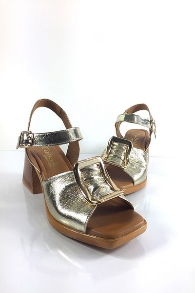 Tabak Deri Genuine Leather Large Gold Buckle Detailed Summer Heeled Sandals - Dore Gold