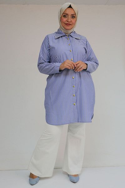 Eslina 58095 Large Size Collar Button Detailed Tunic - Navy Blue Striped