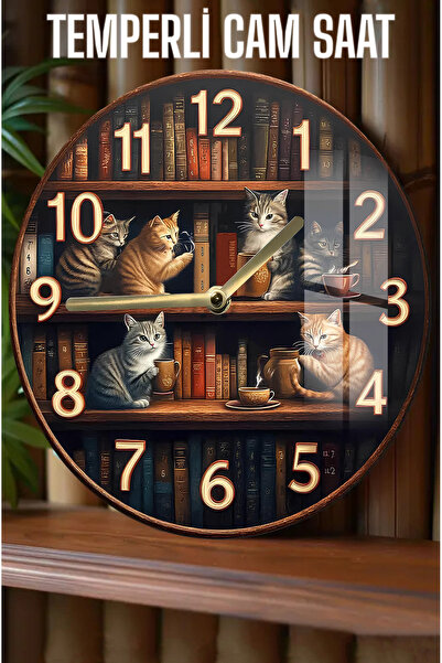 kutuTR Kütüphane Temalı Sevimli Kedi Desenli 3D Görünümlü Temperli Cam Saat – 33 cm CSDW018