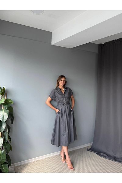 AlisaSu Short Sleeve Poplin Fabric Belted Shirt Dress