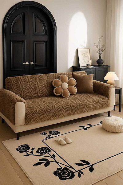 MER HOME Zigzag Chevron Patterned Plush for Three Seater Sofa (1 Piece) 80*190cm Size (Coffee) Only Seating Cover