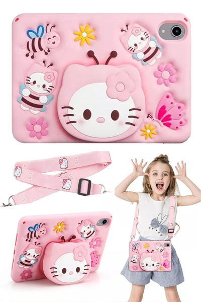 TEKNETSTORE İpad 11 A16 2025 10. Nesil 10.9 Uyumlu Kılıf Pembe Çocuk Askılı Standlı Eğlence Karakter