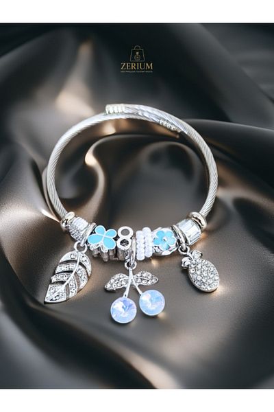 ZERİUM Modern Steel Stylish New Generation Design Charm Bracelet Blue Cherry and Pineapple