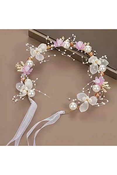 Yıldız Accessory Flower Embellished Pearl Bridal Tiara Hairband Special Occasion Wedding Henna Engagement Pink Blue Girl or Boy