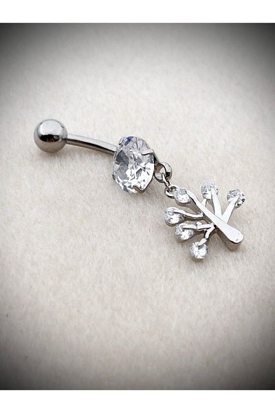 Siya Silver Zircon Stone Steel Hanging Tree of Life Navel Piercing - 3.5 cm