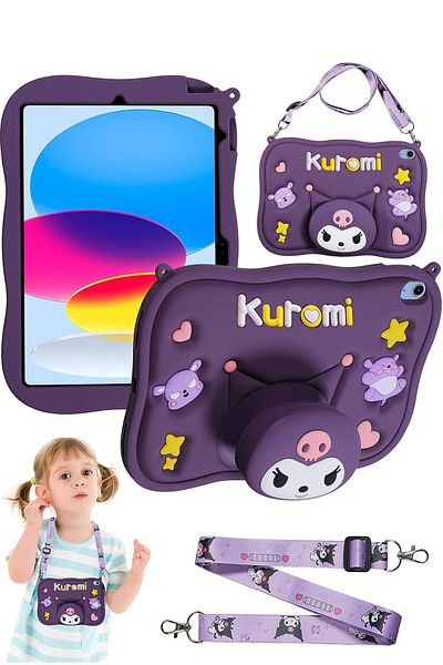 TEKNETSTORE Samsung Galaxy Tab A9 8.7 Inch Compatible Kuromi Purple Children's Case with Strap Stand Fun Character
