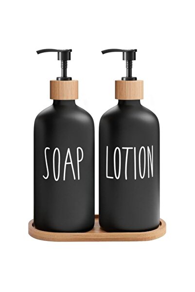 Generic طقم حمام موزع صابون أسود من موميمو، مع موزع زجاجي، ومضخات خيزران، وصي...