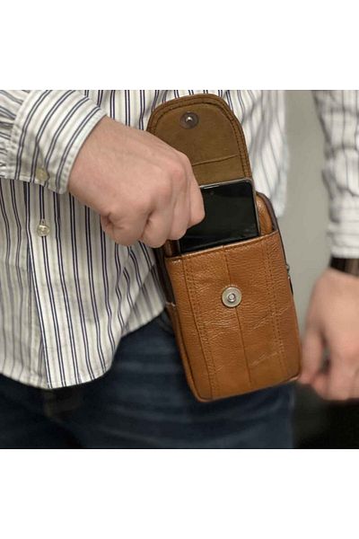 OEM Light Brown Belt Bag with Phone Compartment, Genuine Leather, 19 x 11 x 4.5 cm