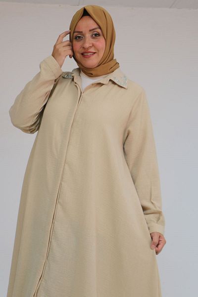 Eslina 58102 Large Size Stone Print Detailed Linen Mevlana Tunic - Beige