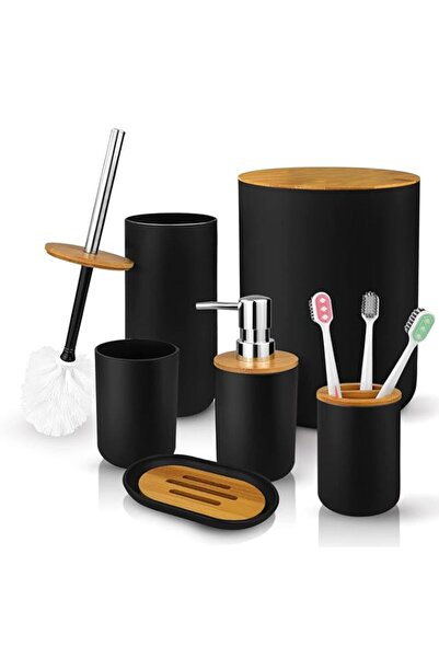 Generic مجموعة إكسسوارات حمام Mimelon®، 6 قطع | طقم حمام أسود من الخيزران، يت...
