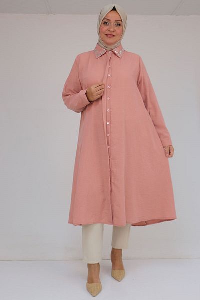 Eslina 58102 Large Size Stone Print Detailed Linen Mevlana Tunic - Powder