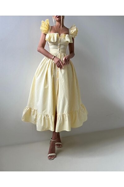 369 etnik butik Ruffle Strap Button Striped Belted Midi Dress – Pink, Yellow, Blue