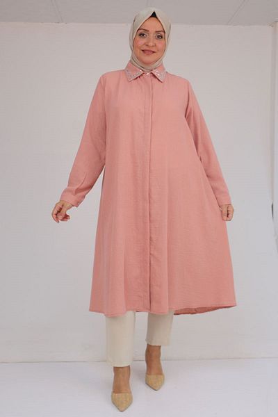 Eslina 58102 Large Size Stone Print Detailed Linen Mevlana Tunic - Powder