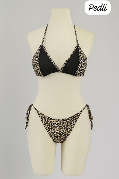 Marsilyan Women's Black and Leopard Detailed Side Tie Bikini Set Ilkelgrp-Mdg...