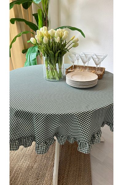 Decamor home Linen Emerald Green Gingham Ruffled Worry-Free Stain-Proof Round Table Cover