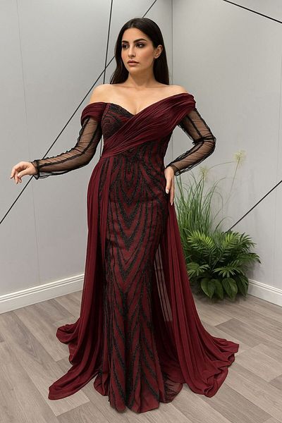 4YOU Embroidered dress with sheer sleeves and off-shoulder design with draped chiffon
