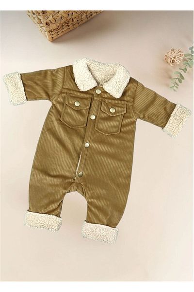 İLKE TEKSTİL Cotton Welsoft Velvet Baby Boy Winter Jumpsuit with Buttons and Pockets Design