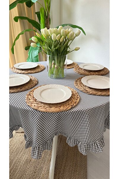 Decamor home Linen Gray Gingham Ruffled Worry-Free Stain-Proof Round Table