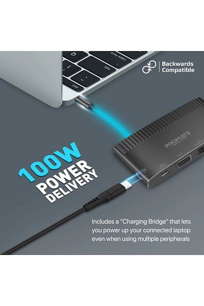 Promate 6-in-1 Highly Versatile USB-C Media Hub with 100W Power Delivery