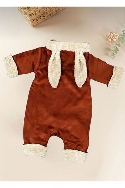 İLKE TEKSTİL Baby Winter Welsoft Jumpsuit Rabbit Figured Brick Color