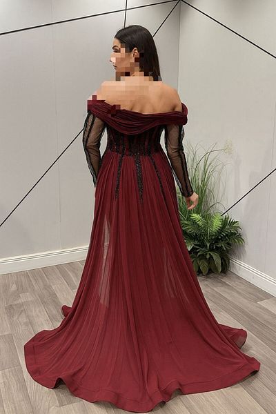 4YOU Embroidered dress with sheer sleeves and off-shoulder design with draped chiffon