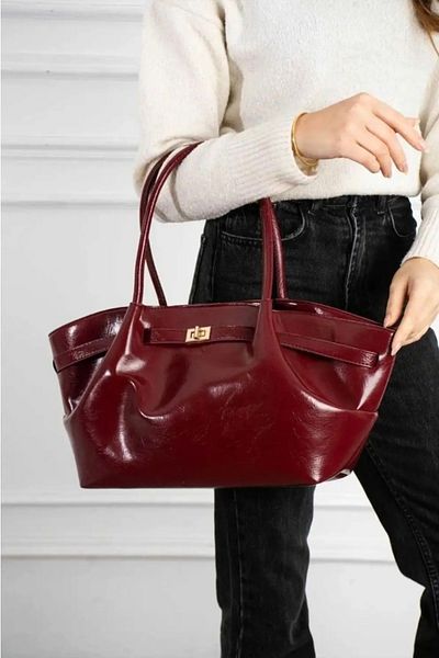 İzel Çakran Women's Burgundy Faux Leather Daily Large Hand & Shoulder Bag