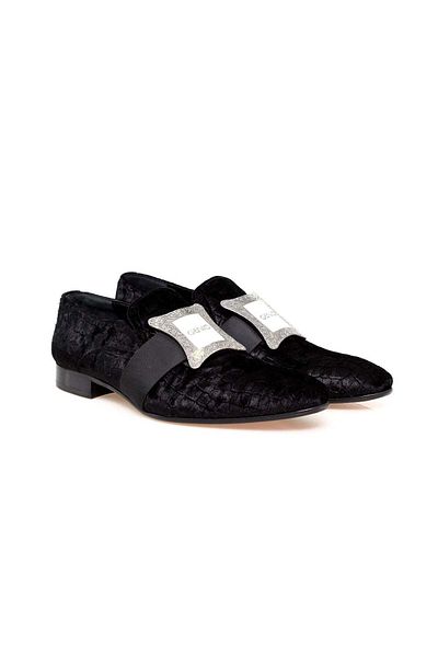 FRANCO CALVANI Black Color Laceless Khaki Leather Velvet Men's Shoes