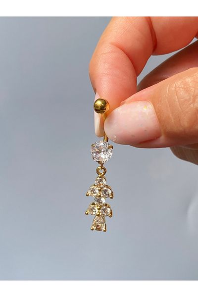 kurukafagift Steel Navel Piercing Shiny Zircon Stone Flower Dangle Model