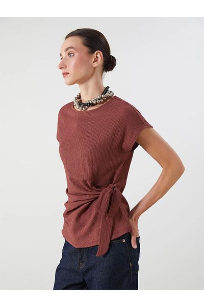 LC Waikiki Lcwaikiki Classic Brown Crew Neck Textured Bow Blouse